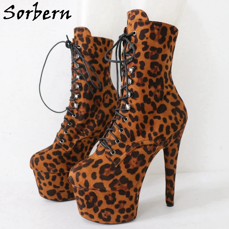 

Sorbern 17Cm Leopard Pole Dance Boots Women Faux Suede Stripper High Heel Wrapped Heeled Lace Up Round Toe Custom Color