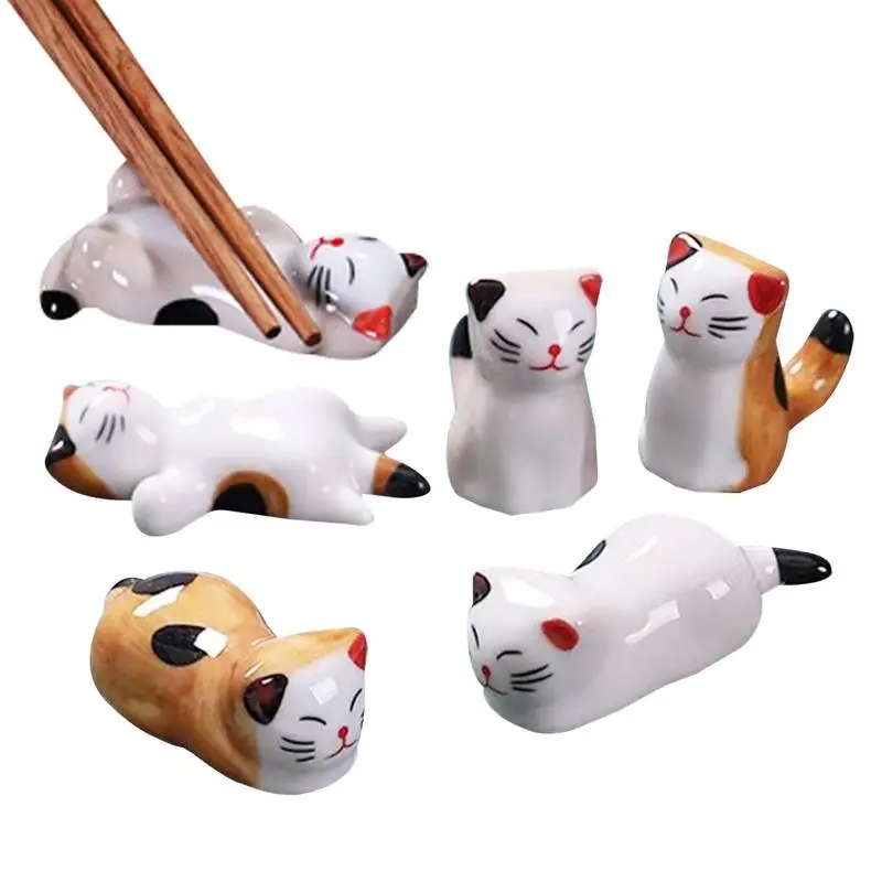 

6Pcs Ceramic Lucky Cat Chopstick Dinner Spoon Stand Chopsticks Rest Spoon Forks Multi-Functional Kitchen Gadgets Accessories