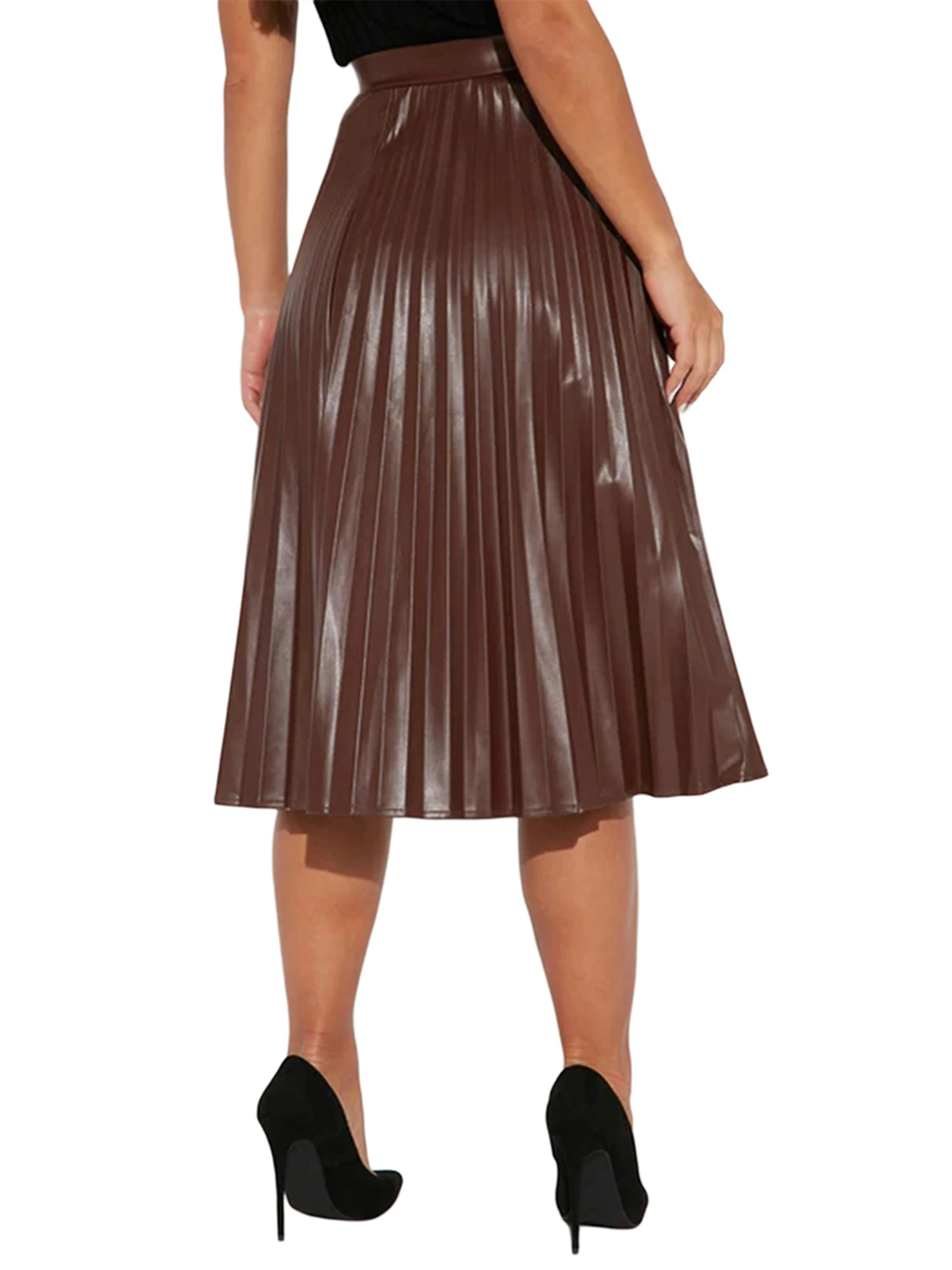 

Женская винтажная юбка миди из искусственной кожи, элегантная однотонная плиссированная Расклешенная юбка трапециевидной формы с высокой талией и молнией