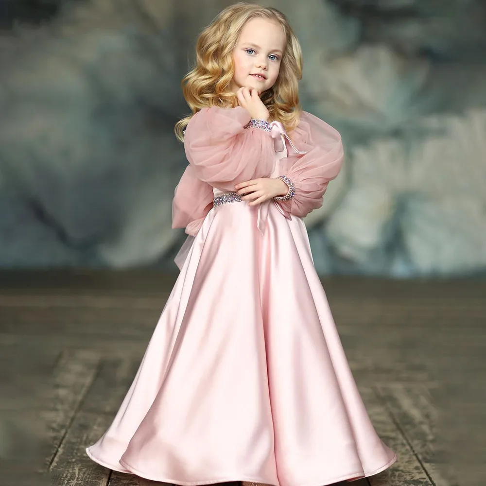 

Милое Тюлевое атласное платье с длинными рукавами розового цвета с изображением принцессы ангела, платья для девочек на свадьбу, вечеринку, бальное платье для первого причастия, детский подарок