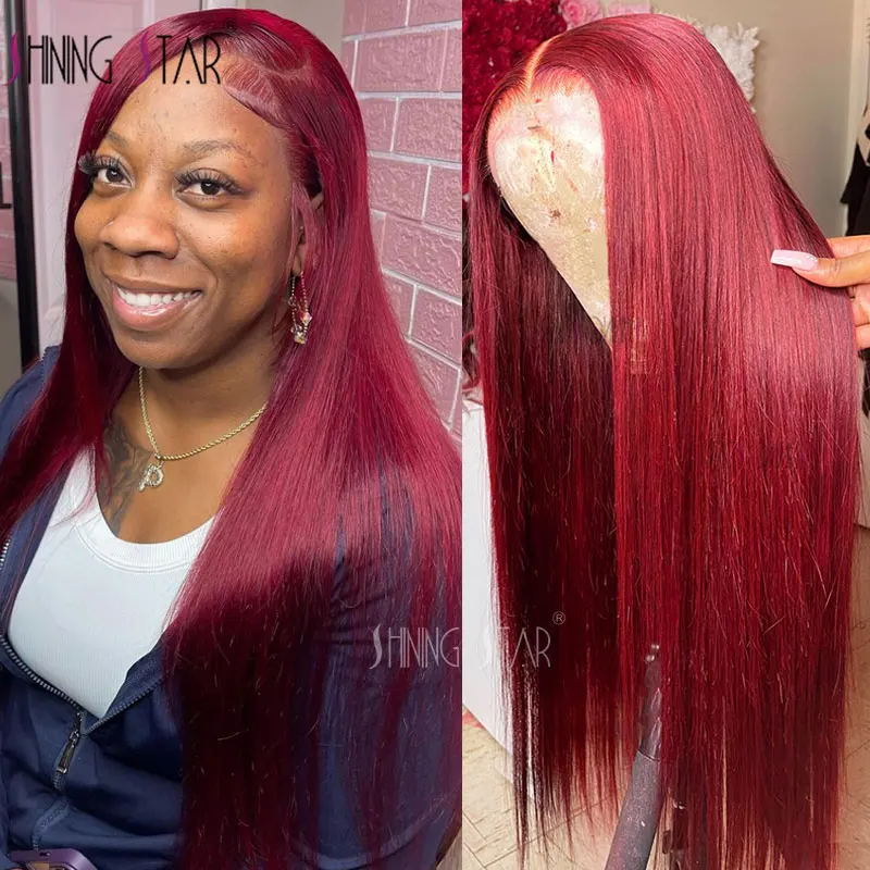 

99J Red Colored Straight Hd Lace Frontal Wig Remy 180% 13X6 13X4 Burgundy Brazilian Lace Front Wig Wavy Glueless Wigs Human Hair