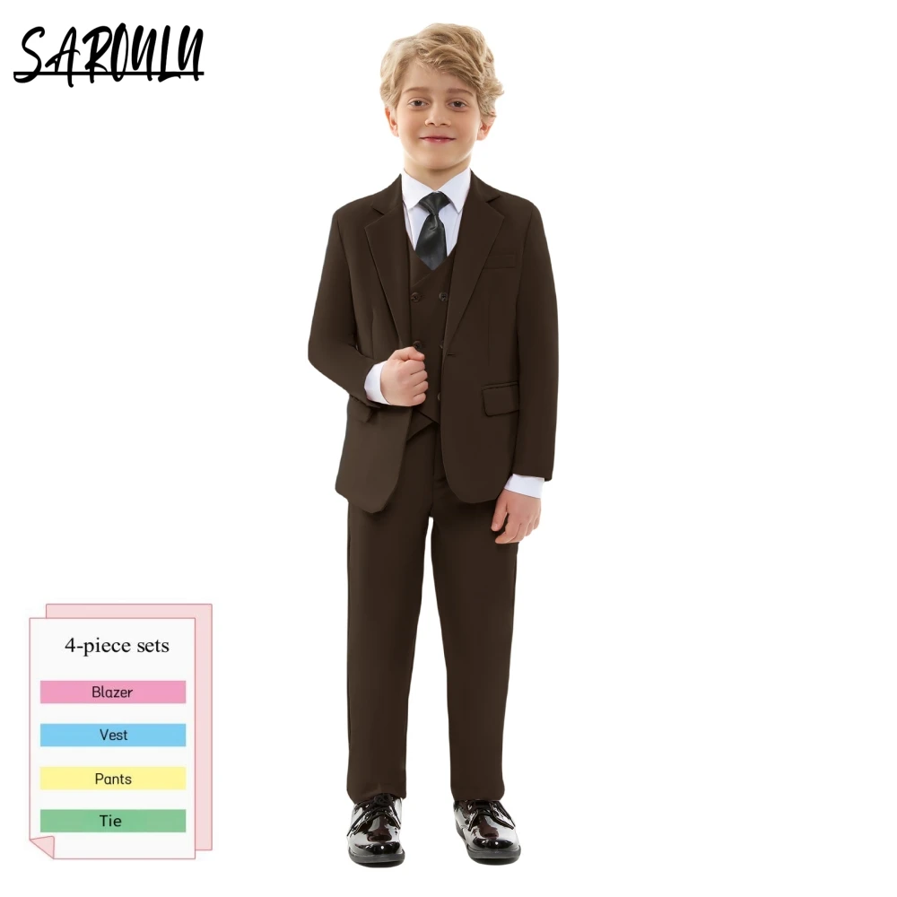 

Brown Elegant Royal Fashion Four Pieces Suit for Aristocratic Boys Luxurious Slim Fitting Clothing Formal School Costume