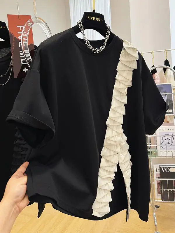 Korean design high-end pleated stitching round neck slit short-sleeved T-shirt summer body-covering slimming top for women y2k
Korean design high-end pleated stitching round neck slit short-sleeved T-shirt summer body-covering slimming top for women y2k