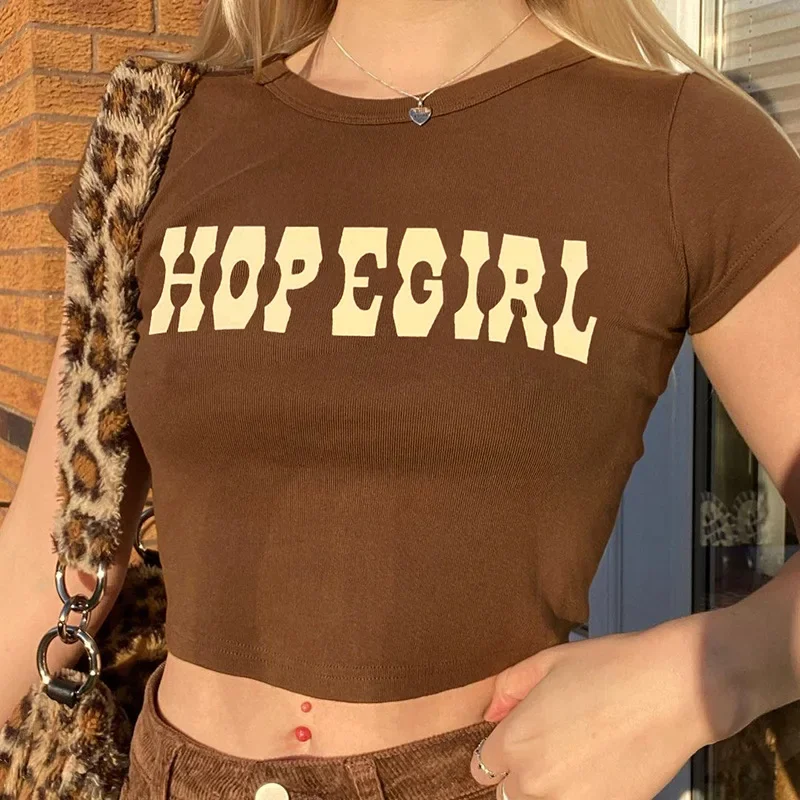 

Кроп-топ Egirl женский с буквенным принтом, винтажный трикотажный топ с коротким рукавом и круглым вырезом, модная пикантная футболка в стиле хип-хоп, уличная мода, Y2k, 2021