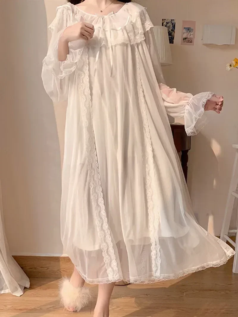 

Fairy Women Night Princess Loungewear Vintage Dress Mesh Lace Nightdress Ruffles Lolita White Victorian Sleepwear Nightgowns