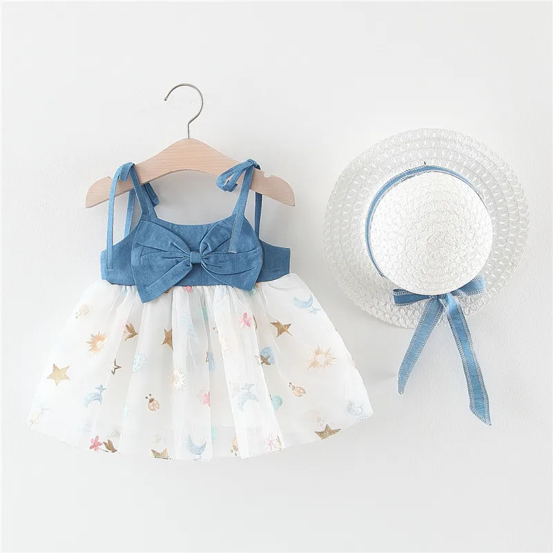 

Summer Baby Girl Dress Denim Star Moon Embroidery Mesh Splice Shirt Collar Small Flying Sleeve Hooded Knee-length Princess