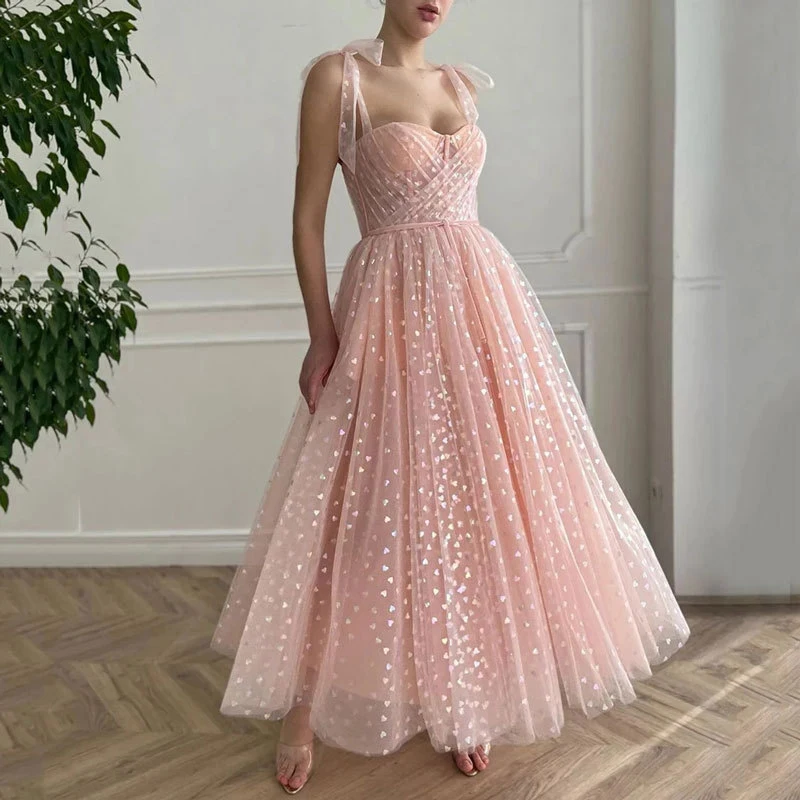 

Girls Pink Tulle Short Prom Dresses With Heart Stars Corset Boning Straps Tea Length Evening Party Special Occasion Gown