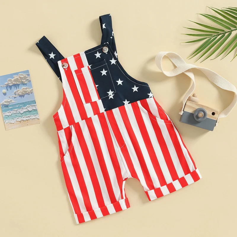 

4th of July Toddler Girl Boy Outfit Stars Stripes Sleeveless Fourth of July Overalls Independence Day Clothes