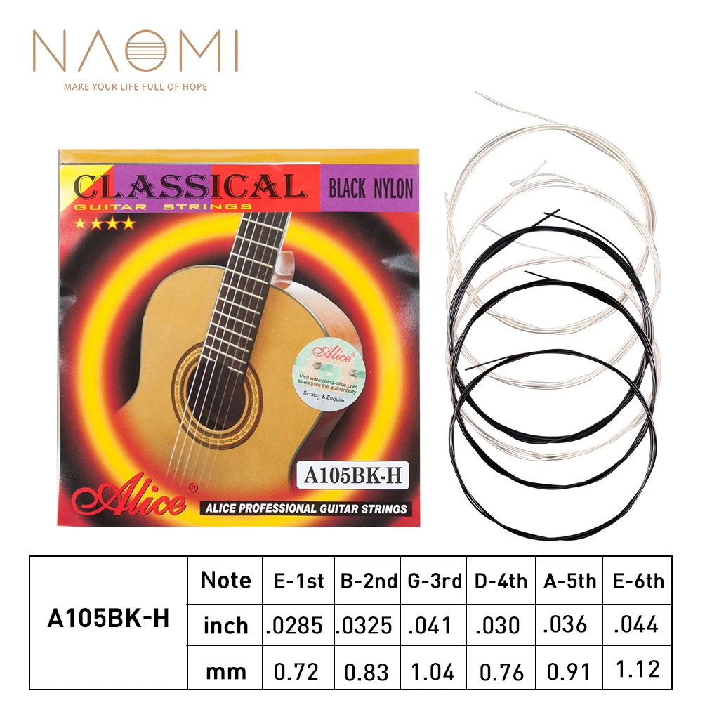 NAOMI 1 SET Alice Series black nylon Classical guitar strings A105BK-H Nylon Core Siver-Plated Copper Alloy Winding
NAOMI 1 SET Alice Series black nylon Classical guitar strings A105BK-H Nylon Core Siver-Plated Copper Alloy Winding