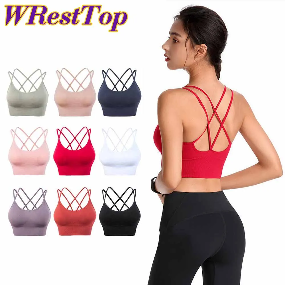 

Women Strappy Sports Bras Seamless Criss Cross Back Sexy Padded Fitness Yoga Vest Gym Running Crop Top Breathable Beauty Bras