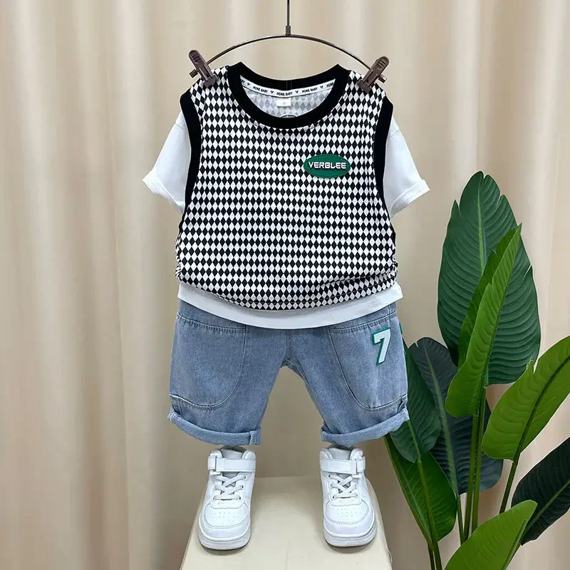 

Summer Boy Clothing Sets Baby plaid Short Sleeve T-Shirt + Pants Boys Cartoon Suit 2pc Children Boys Clothes 2-12 years