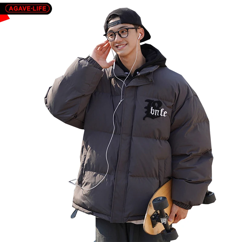 

Korean Down Jacket Men's Winter Japanese Thick Warm Stand Collar Parka Coat Student Men Casual Letter Print Cotton Padded Jacket