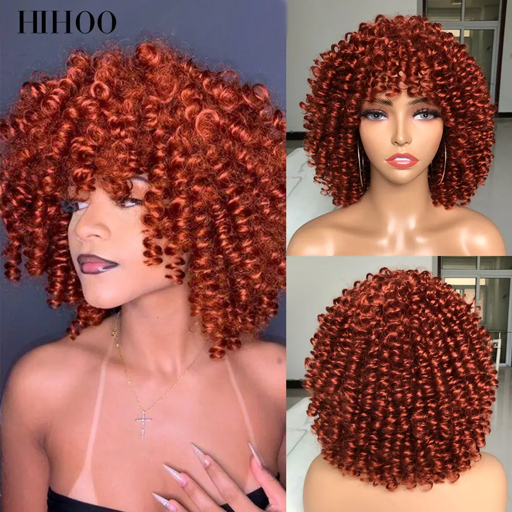 

Short Afro Curly Wigs With Bangs For Black Women Synthetic Blonde Curly Wig Natural Hair Blond Honey Brown Cosplay Lolita