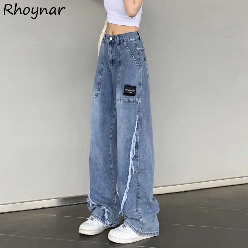 

Джинсы женские с широкими штанинами, джинсовые брюки-багги с завышенной талией, в американском стиле, уличная одежда для подростков в стиле хип-хоп, унисекс, с эффектом потертости