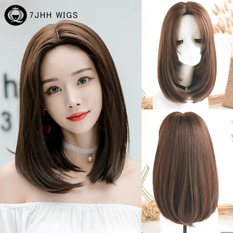 

7JHH WIGS Synthetic Short Straight Chocolate Bob Wigs with Curtain Bangs High Density Layered Middle Part Dark Brown Hair Wig