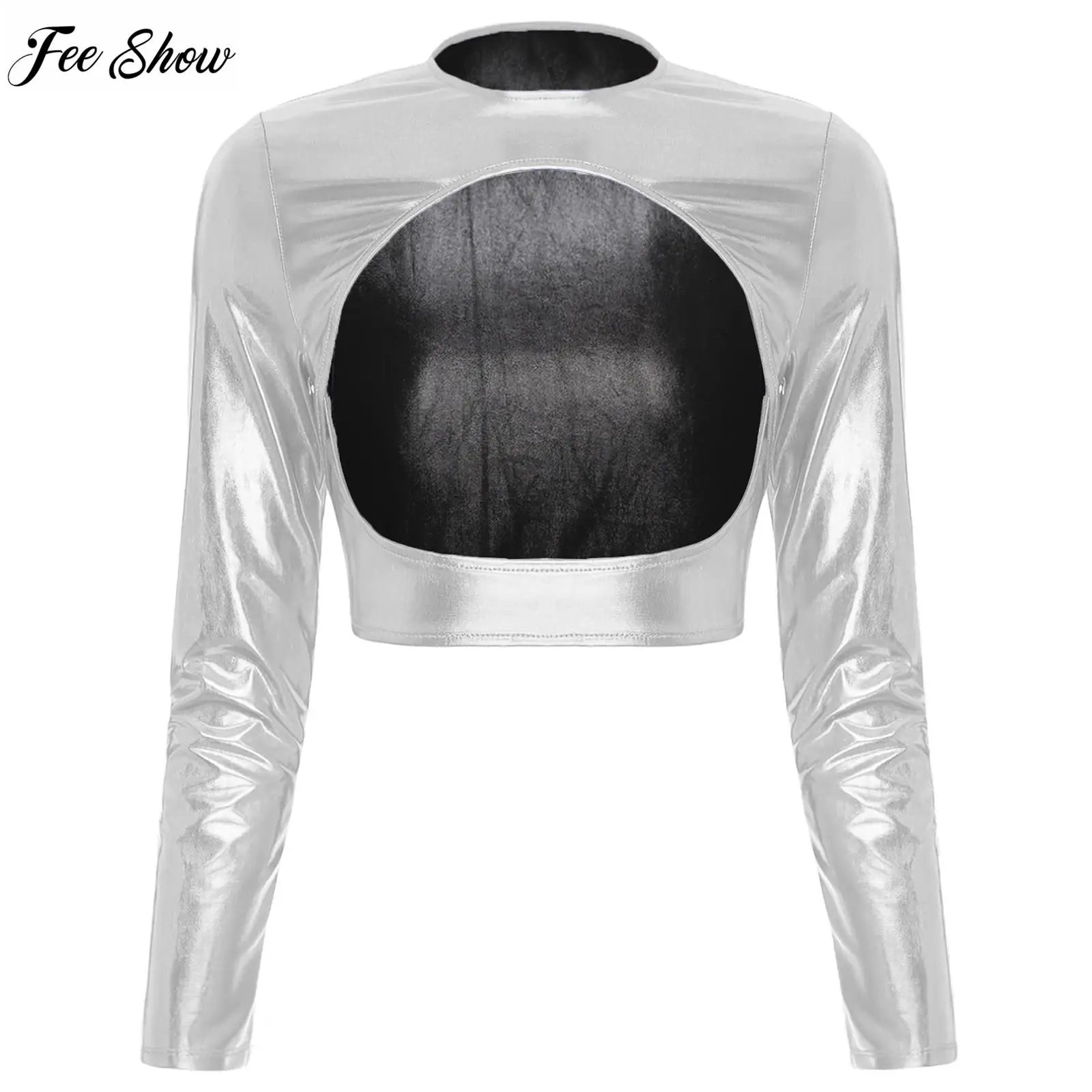 

Womens Metallic Shiny Cut Out Open Bust Crop Top Long Sleeve Open Front Bodycon Tank Shirts Tempting Tee Top Clubwear