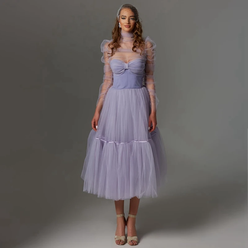 

Lavender Prom Gown Tulle Tutu Dress Full Sleeves Illusions Party Gowns Long Layered Women Dress Ruffled Ankle Length