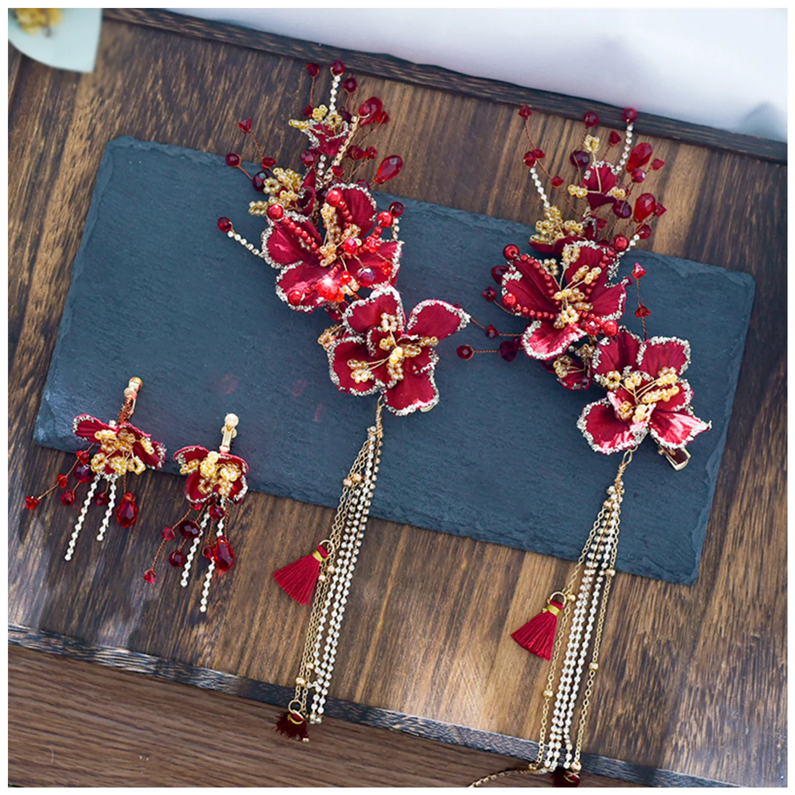 

Red Petal Hairpins Earrings Set Retro Style Tassel Pearls Hair Accessories for Princess Party Favors Accessories