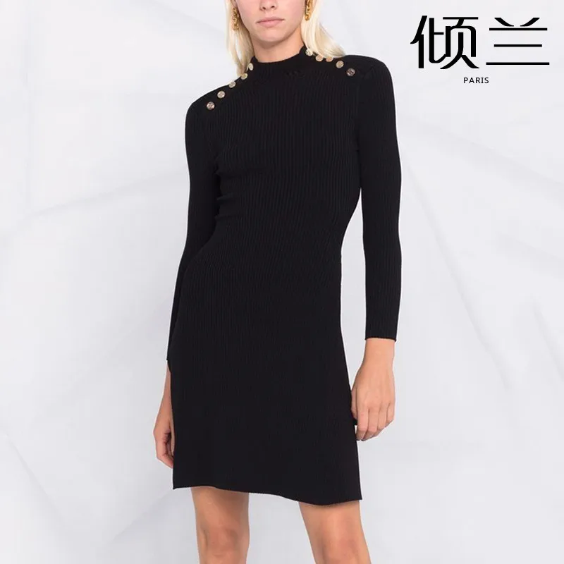 

PATADS French M Family's Early Autumn New Women's Commuter OL Double breasted Round Neck Knitted Dress 1968