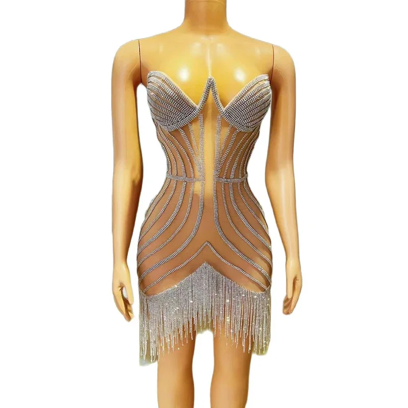 

Sexy Stage Glisten Silver Rhinestones Mini Dress Crystals Fringes Outfit Birthday Celebrate Club Costume Performance Host Dress