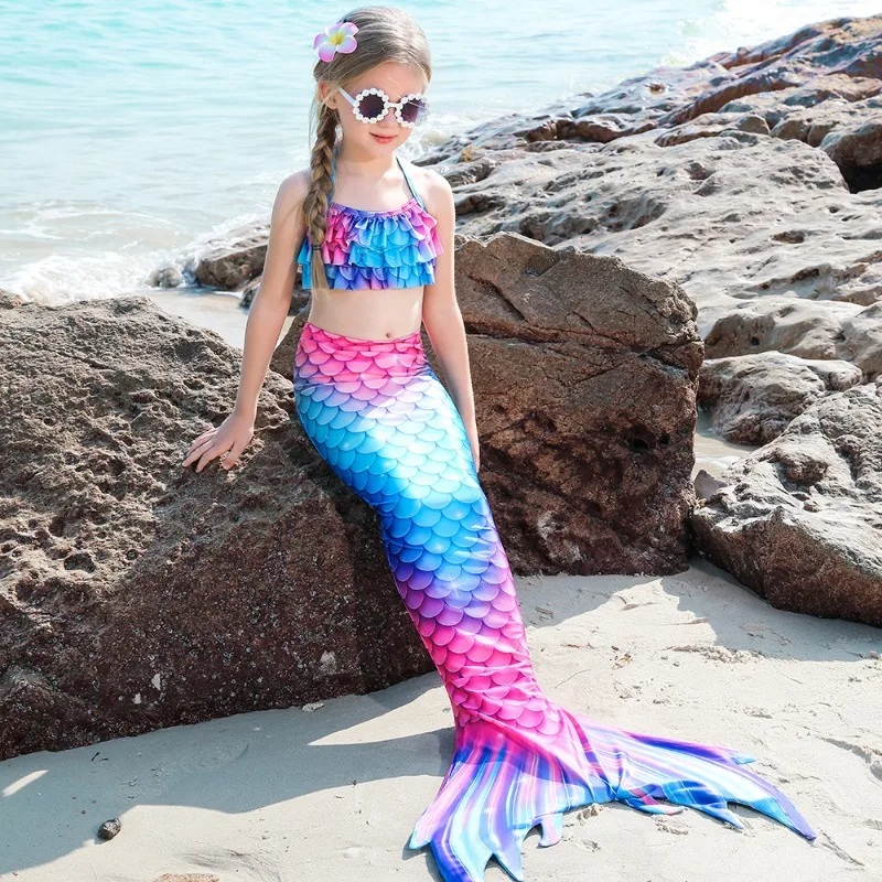 

Kids Mermaid Beach Bikini Swimsuit Girls 3 Piece Swimsuits Colorful Children COS Costume with Sunglasses for Swimming Vacation