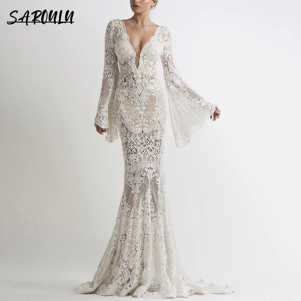 Romantic All Over Lace Wedding Dress Mermaid Flare Sleeve Sexy Illusion Court Train Bridal Wedding Gown Bohemian Bride Dresses
Romantic All Over Lace Wedding Dress Mermaid Flare Sleeve Sexy Illusion Court Train Bridal Wedding Gown Bohemian Bride Dresses
