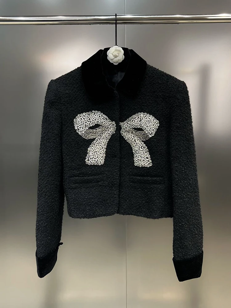 

HIGH STREET Newest 2024 Fall Winter Designer Fashion Women Velvet Lapel Long Sleeved Diamond Studded Bow Tweed Jacket