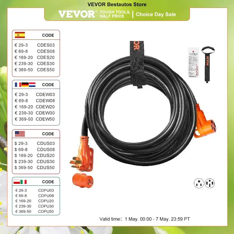 

VEVOR RV/EV Extension Cord 15/25/30/50 Ft Heavy Duty STW Power Cord with 15A Adapter, LED Indicator&Cord Organizer Charging Cord