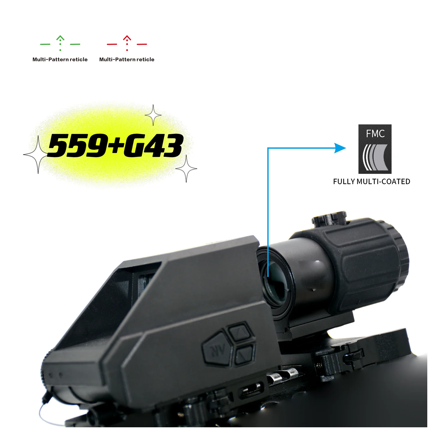 Tactical 559 Green&Red Dot Sight Multi-Pattern Reticle Automatic Brightness Control with Magnifier 3X G43 For Airsoft
Tactical 559 Green&Red Dot Sight Multi-Pattern Reticle Automatic Brightness Control with Magnifier 3X G43 For Airsoft
