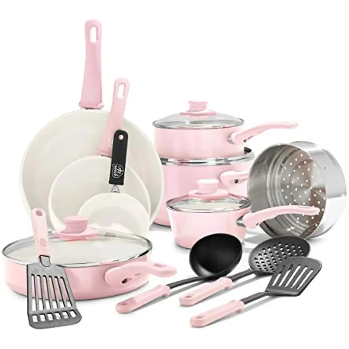 Soft Grip Healthy Ceramic Nonstick, 16 Piece Cookware Pots and Pans Set, PFAS-Free, Dishwasher Safe, Soft Pink Soft Grip Healthy Ceramic Nonstick, 16 Piece Cookware Pots and Pans Set, PFAS-Free, Dishwasher Safe, Soft Pink