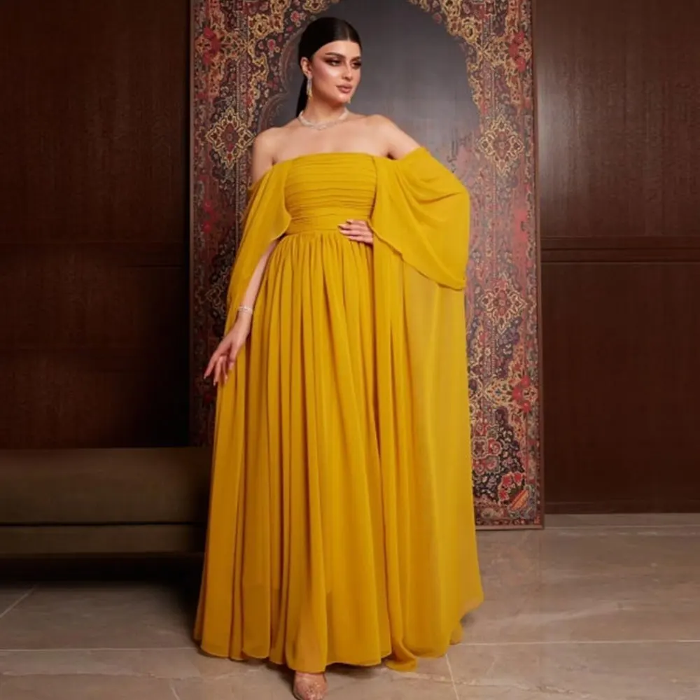 Chiffon Sheath Yellow Dubai Evening Dress Pleated Off The Shoulder Strapless With Shawl Women's Simple Floor Length Prom Gown
Chiffon Sheath Yellow Dubai Evening Dress Pleated Off The Shoulder Strapless With Shawl Women's Simple Floor Length Prom Gown