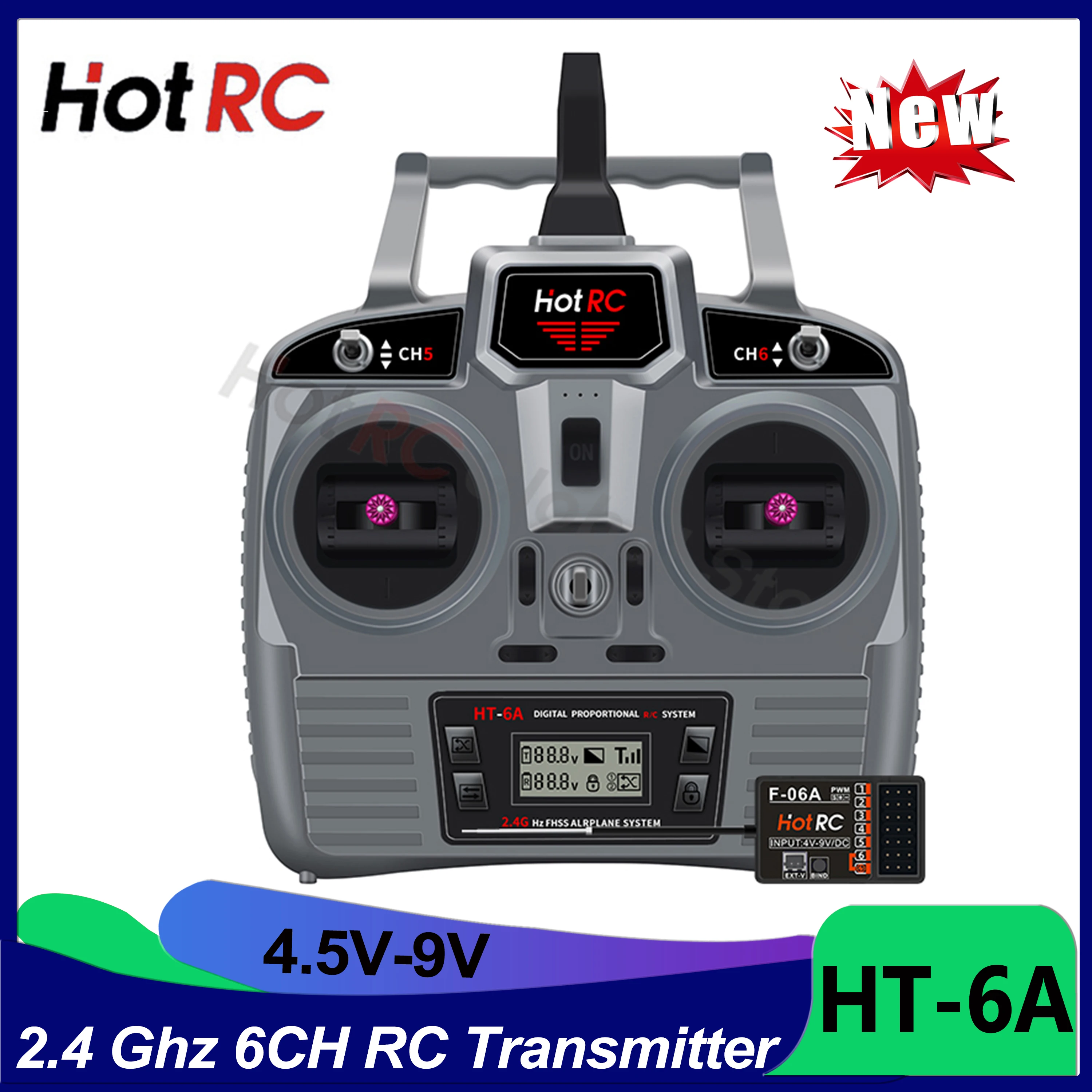 

HOTRC HT-6A 2.4G 6CH RC Transmitter FHSS 6CH Receiver F-06A Mode2 Left Hand 6 Channel for RC FPV Drone Airplane RC Car Boat