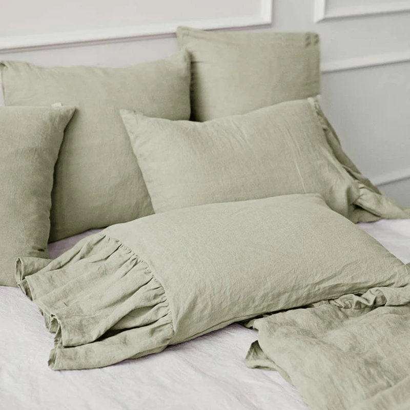 

Elegant Ruffle Linen Pillowcase Pure Flax Pillow Sham 100% French Linen Ruffled Pillow Cover Standard Size 1Piece Bedding TJ7713