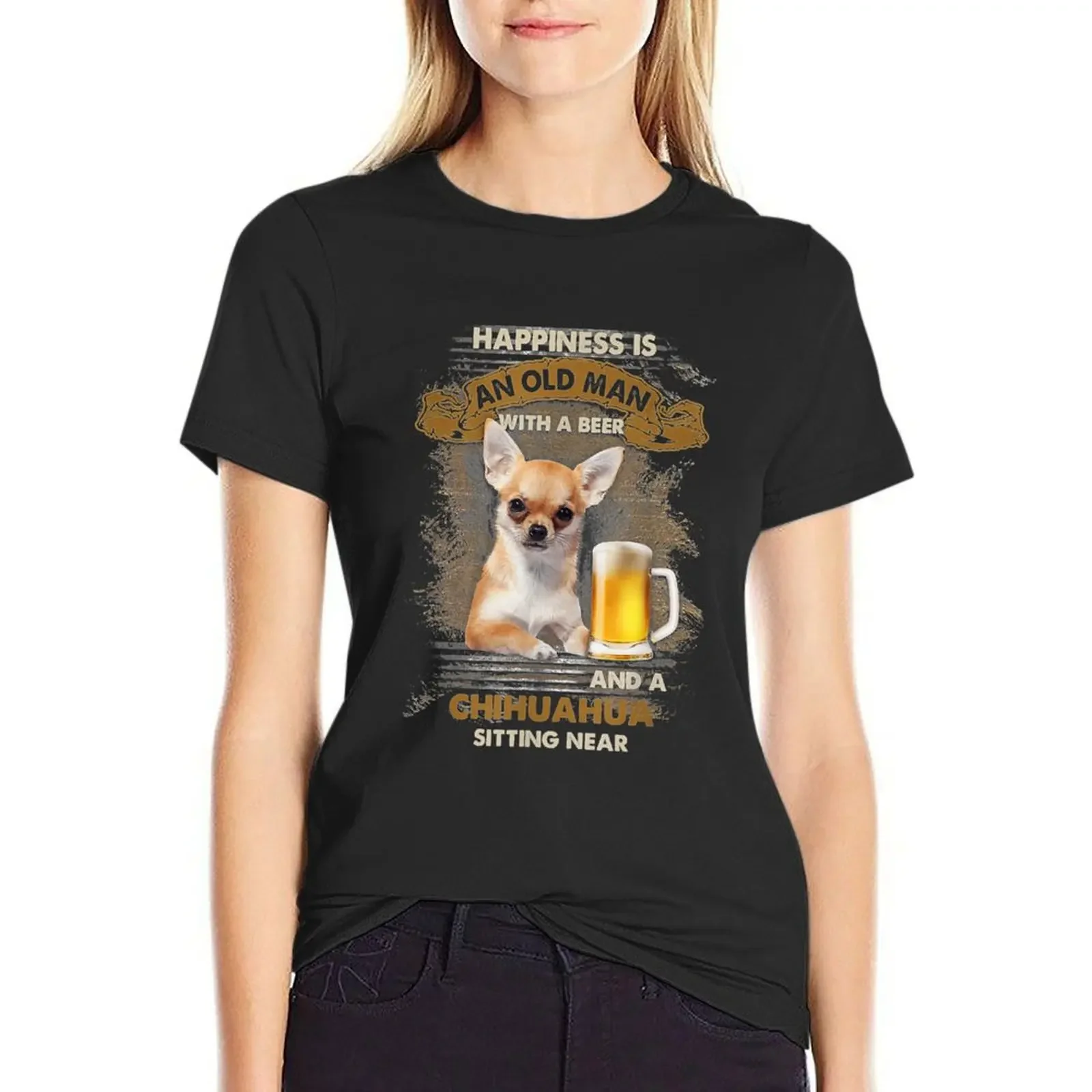 

Happiness is an old man with a beer and a chihuahua T-shirt female aesthetic clothes western t shirts for Women