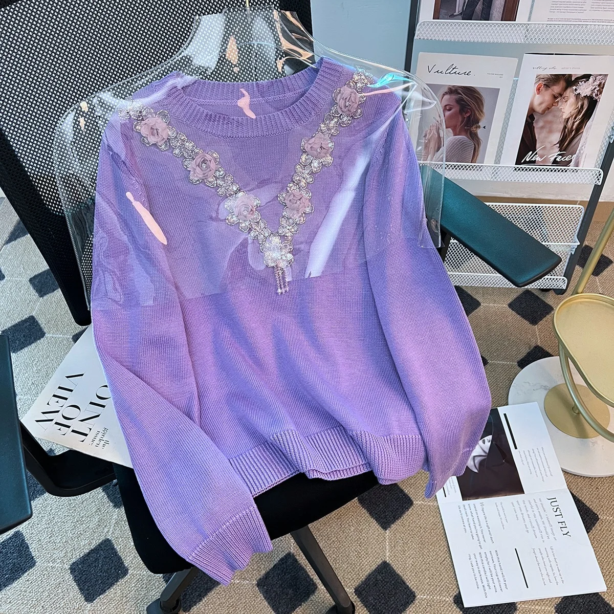 Sequnined Floral Embroidery Women Sweater Pullover Full Sleeves Knitting Loose Casual Purple Color Lady Cardigans Clothes
Sequnined Floral Embroidery Women Sweater Pullover Full Sleeves Knitting Loose Casual Purple Color Lady Cardigans Clothes