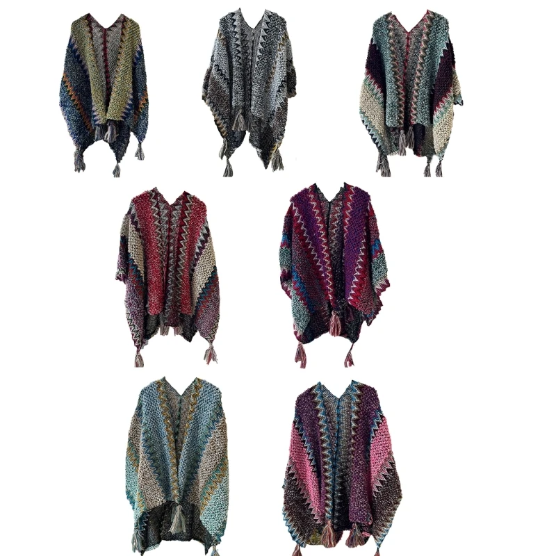 

Ethnic Style Women Winter Cloak Soft Knitted Loose Tassels Cardigan Cape Colorful Fringed Shawl Lady Autumn Coat Sweater Poncho