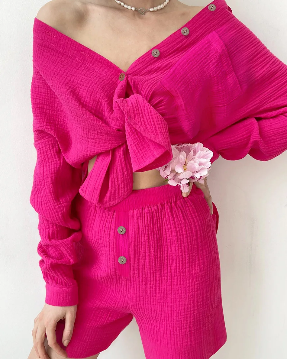 2023 Summer Fashion Women Suit Elastic Waist Shorts Solid Cotton Long Sleeve Shirt Two Piece Set Elegant Women's Two Piece Set
2023 Summer Fashion Women Suit Elastic Waist Shorts Solid Cotton Long Sleeve Shirt Two Piece Set Elegant Women's Two Piece Set