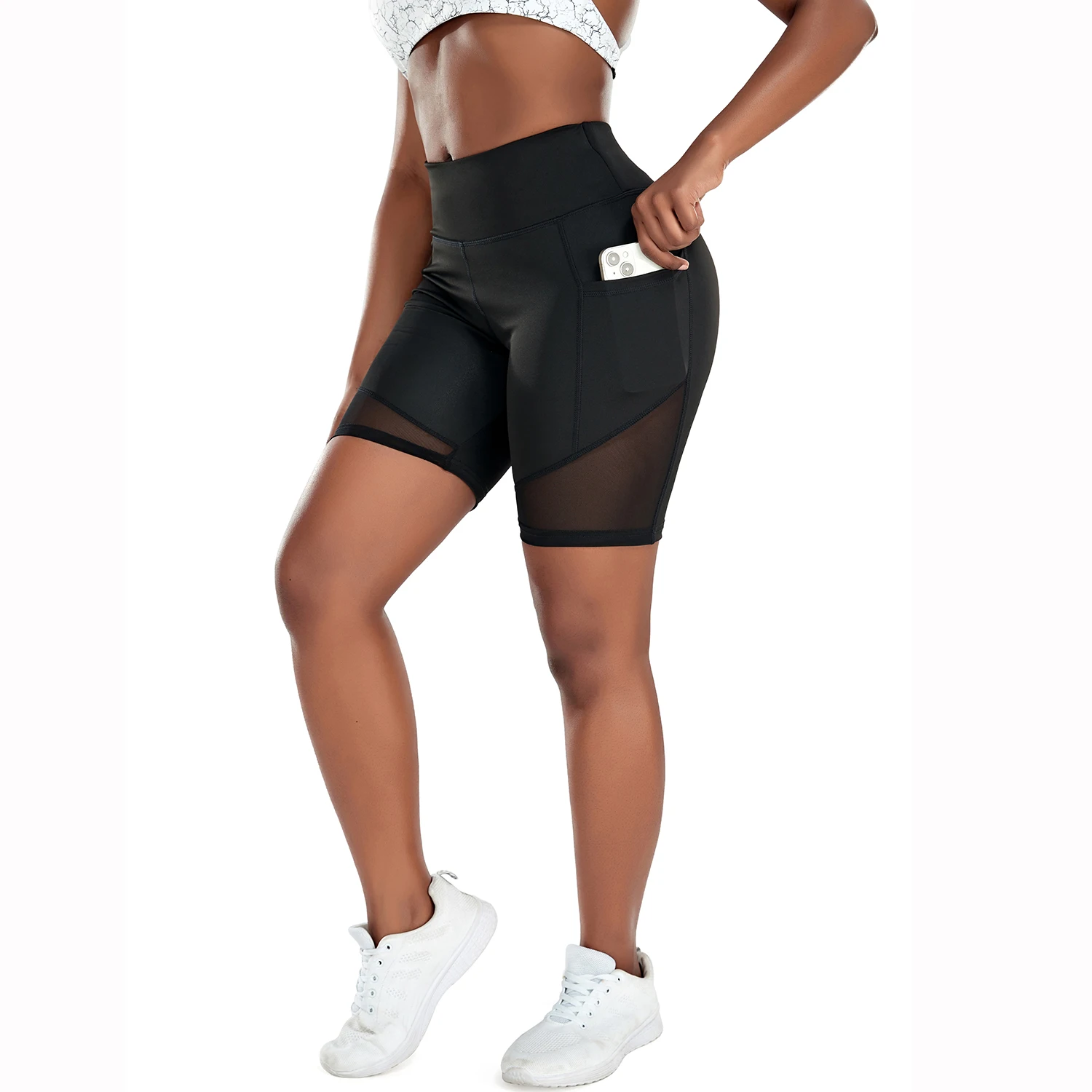 

Mesh Splice Side Phone Pocket Shorts Fitness Women's High Waist Biker Tummy Control Yoga Running Workout leggings Gym Tights New