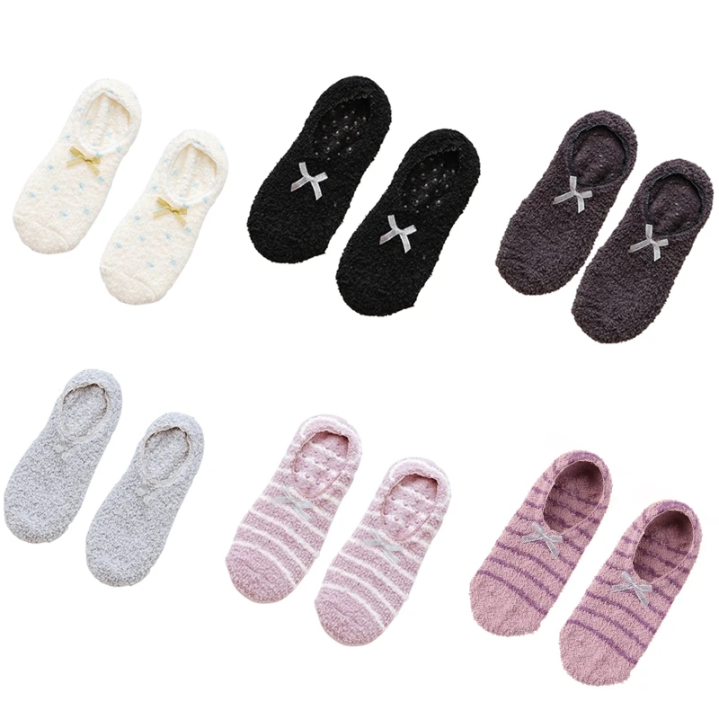 

Women Winter Fuzzy Slipper Boat Socks Striped Print Sweet Bow Non Skid Warm Low Cut Home Hosiery with Grippers