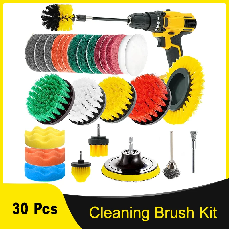 

30 Pcs Cleaning Brush Attachment Kit with Scouring Pad Sponge Wire Brush and Extend Long Rod Attachments for Bathroom Floor