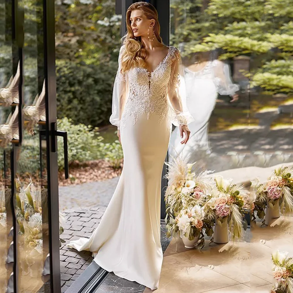 YunShang Modern V-Neck Wedding Dress Sheath Long Lantern Sleeves Beach Spandex Bride Gown Backless Lace Appliques Sweep Train
YunShang Modern V-Neck Wedding Dress Sheath Long Lantern Sleeves Beach Spandex Bride Gown Backless Lace Appliques Sweep Train
