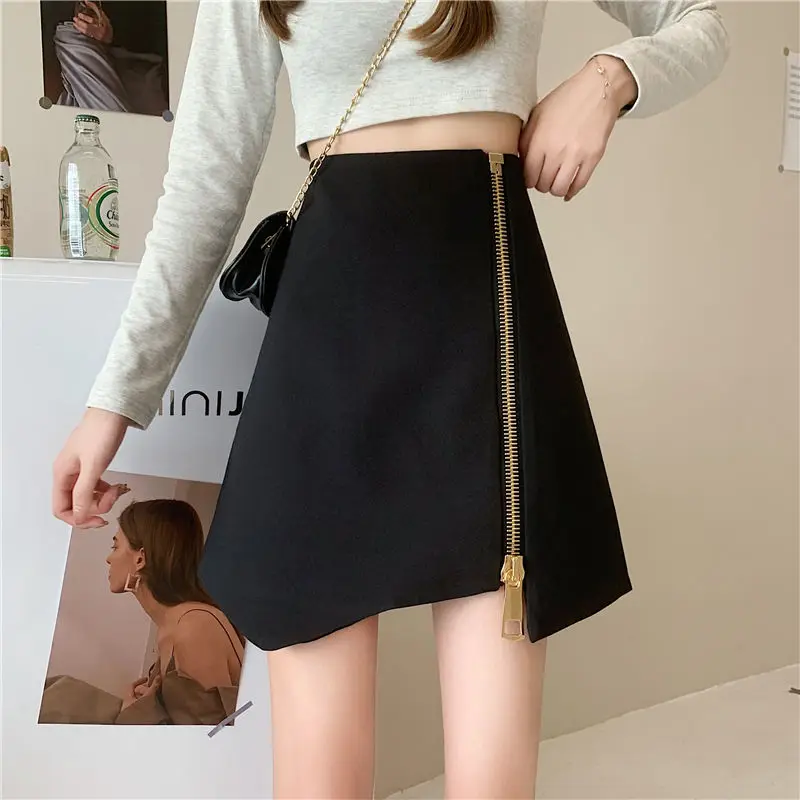 

2023 Korean Simple Zipper Short Skirt Blended Solid Empire Women's Clothing Autumn Winter Hot Selling Irregular A-line Skirt