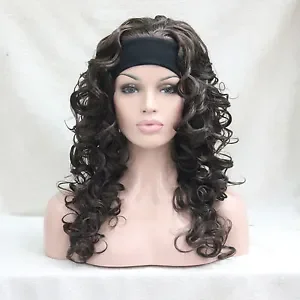

3/4 wig with headband chestnut brown curly women's 20" synthetic half wig