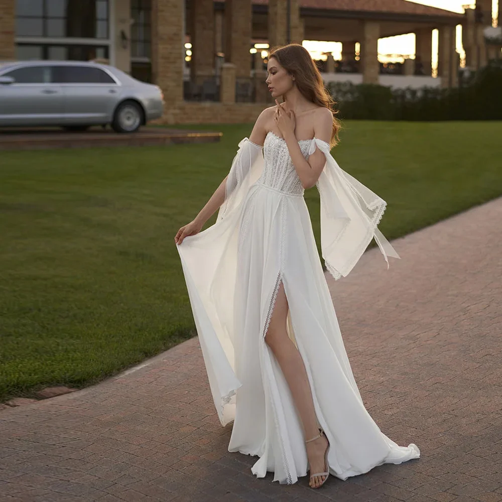 

Lace Appliques Wedding Dresses Sequined High Side Slit Detachable Sleeve Bride Gowns Backless Strapless Chiffon Robe de soirée