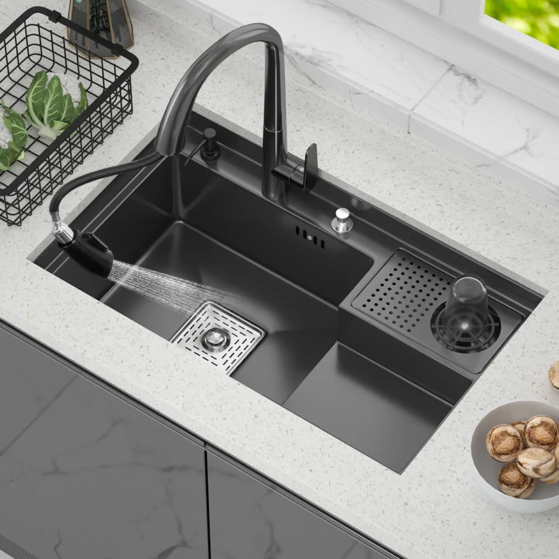 Kitchen Sink Stainless Steel Large Single Blow Stepped Wash Basin with High Pressure Cup Washer Black Modern Home Resturant Sink
Kitchen Sink Stainless Steel Large Single Blow Stepped Wash Basin with High Pressure Cup Washer Black Modern Home Resturant Sink