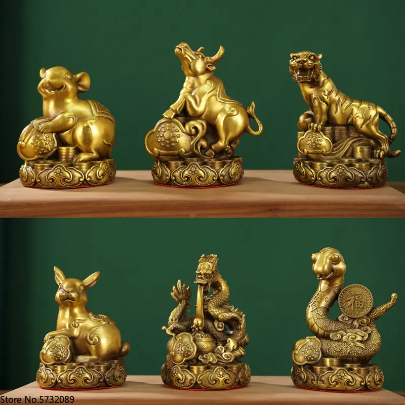 

Chinese style brass twelve zodiac ornaments, mouse, ox, tiger, rabbit, dragon, snake, horse, sheep, monkey, chicken, dog, pig