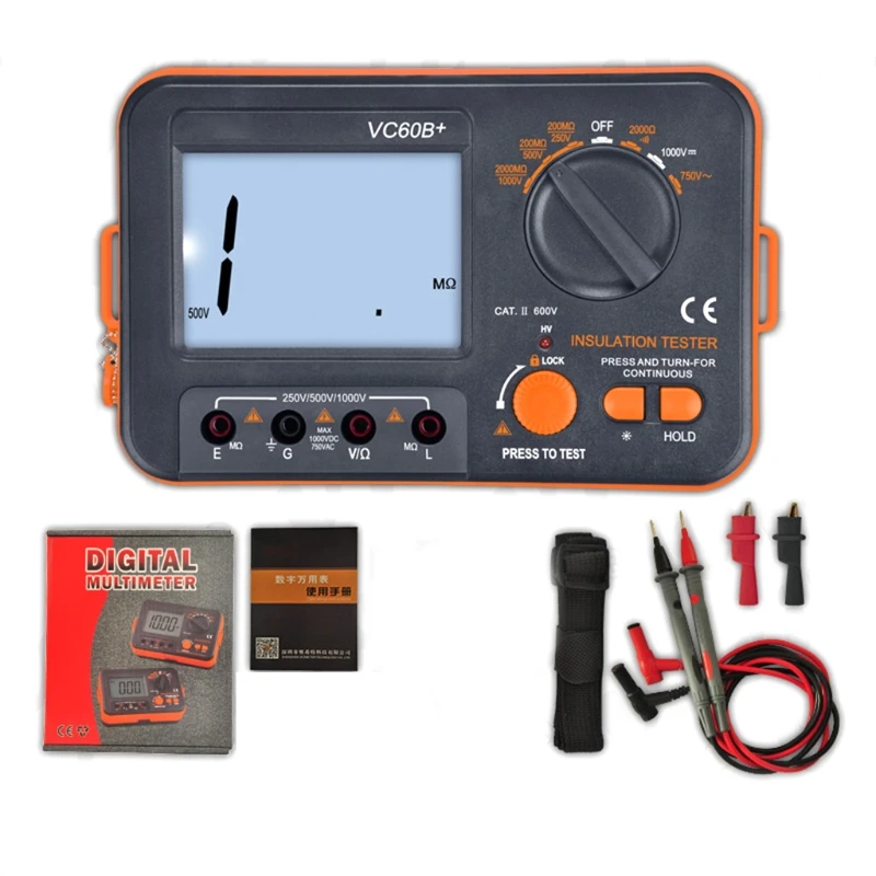 

VC60B+ Digital Insulation Resistance Tester Megohm Meter DC250/500/1000V AC750V Orange with Black Short Circuit Alarm Dropship