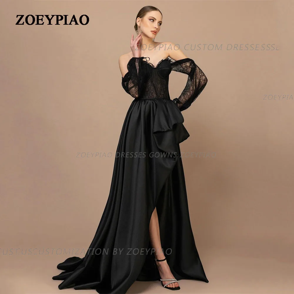 

Black Lace Sexy Slit Evening Dresses for Wedding Satin Off Shoulder Prom Gowns Formal Celebrity Party Dress robes de soirée