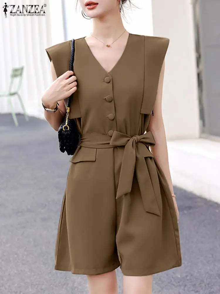 

ZANZEA 2024 Cargo Shorts Pants Outfits Women Sleeveless Jumpsuit V Neck Overalls Summer Elegant Belted Casual Holiday Playsuit