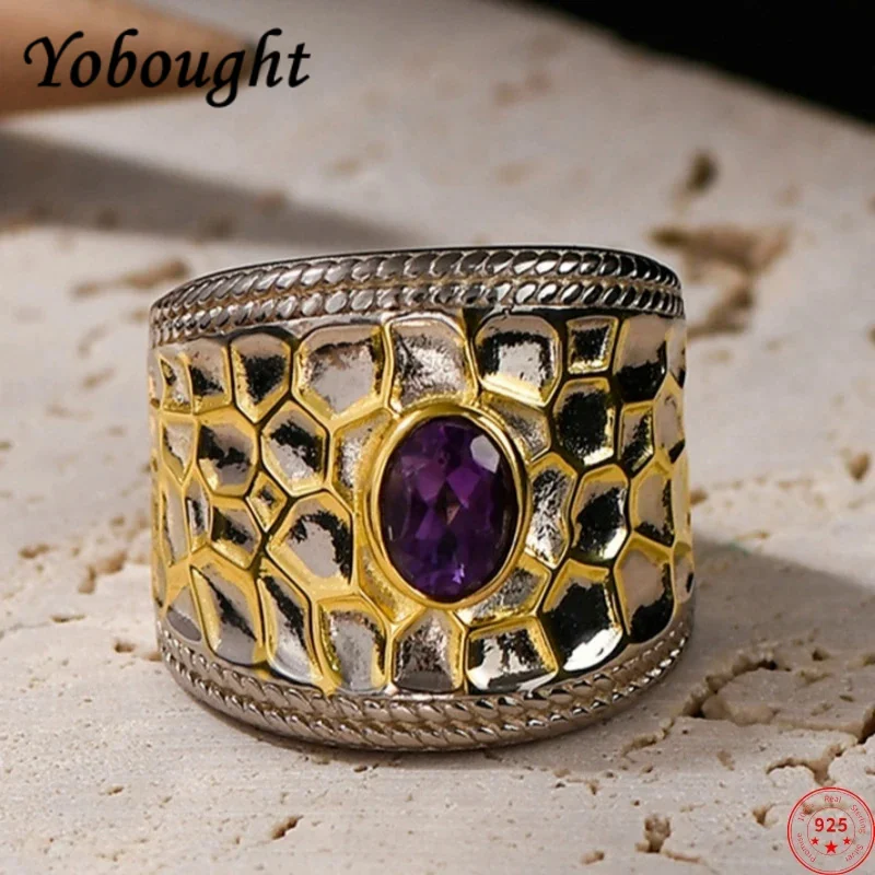 

S925 sterling silver rings for women men new fashion ancient palace style mesh pattern amethyst wide punk jewelry free shipping